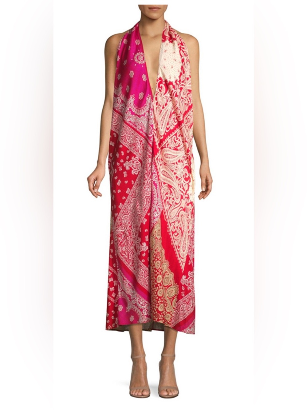 Polo Ralph Lauren Red and Cream Paisley-Bandana-Print Midi Halter Dress 8 NEW